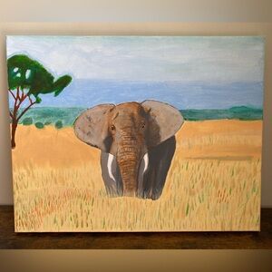 Elephant in Savanna Canvas Acrylic Painting - Brown & Tan (11x14)